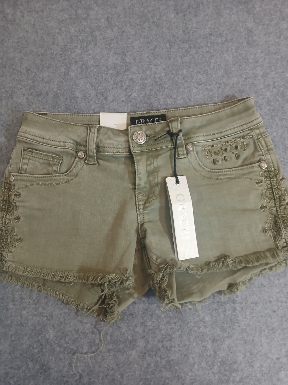 Grace Olive Green Frayed Hem Women's Denim Shorts